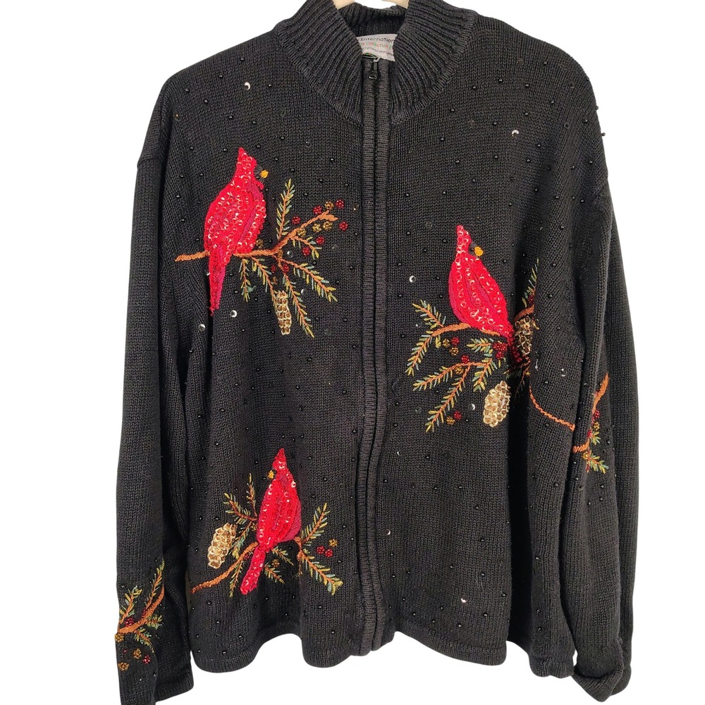 Tiara International Womens L Cardinal Christmas Sweater Black Knit Sequin Y2K